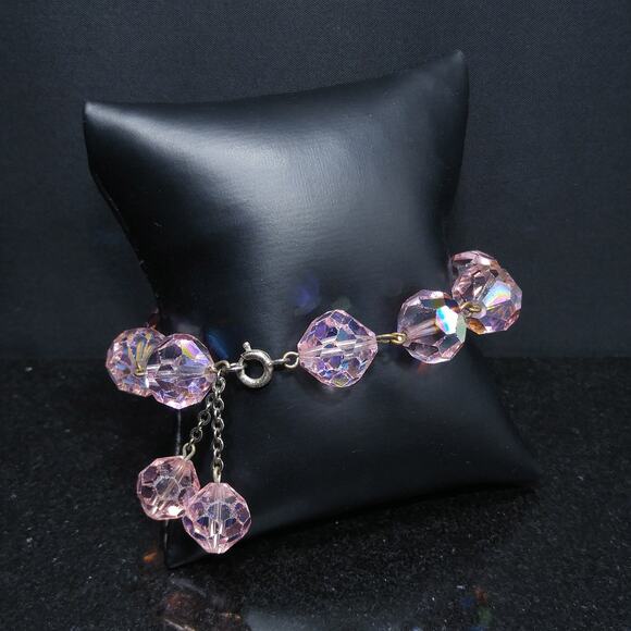 Vintage 1960s  Pink Large Beaded Crystal Dangle Bracelet - Picture 8 of 10